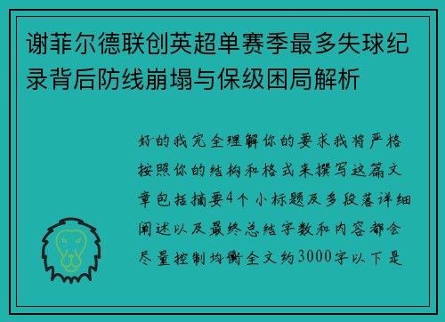 谢菲尔德联创英超单赛季最多失球纪录背后防线崩塌与保级困局解析