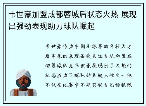 韦世豪加盟成都蓉城后状态火热 展现出强劲表现助力球队崛起